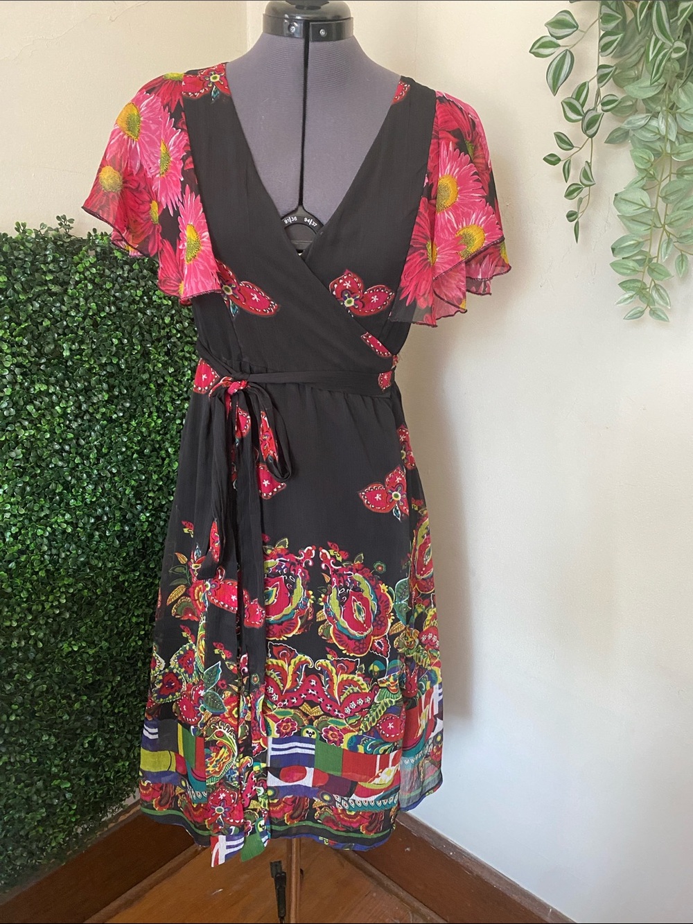 Desigual Black Midi Wrap Dress with Pink Floral Accents